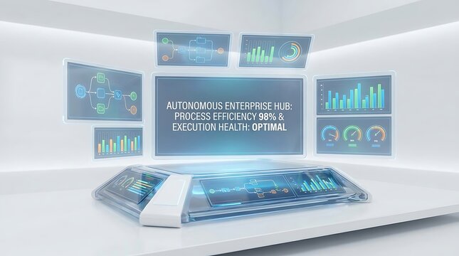 Autonomous enterprise hub showing process efficiency and execution health metrics on holographic screens within a clean white room interior