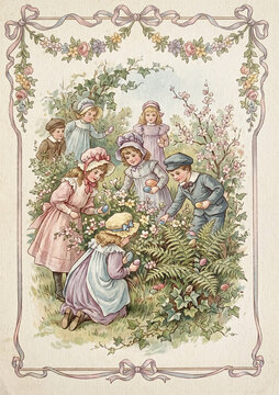 Vintage Easter postcards depicting children hunting for eggs in a garden  