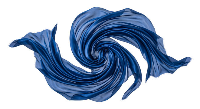 Swirling blue silk scarf flowing into dynamic vortex