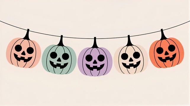 Pastel Halloween background template with hanging jack-o-lantern pumpkin garland on string with copy space
