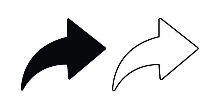 Curved right arrow navigation symbols in solid black and outline styles for direction, movement, return, redirection, workflow, process and user interface design
