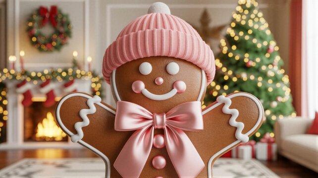 Cute gingerbread man wearing a pink hat and bow on the background of a Christmas tree and fireplace, Christmas holiday background for greeting cards, banners, advertising and New Year wishes