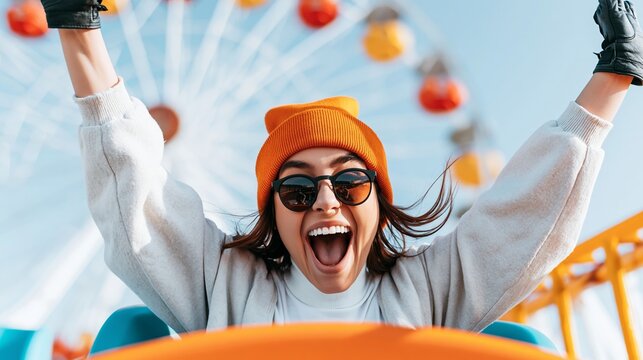 Happy woman wearing sunglasses and an orange beanie riding a roller coaster, feeling excitement and enjoying the thrill