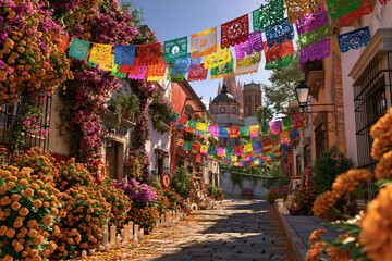 Fototapeta premium Vibrant papel picado banners hang above cobblestone path. Flowering marigolds line both sides of the alleyway. Sunlit streets lead toward a distant church spire