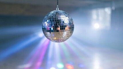 Fototapeta premium Disco ball spinning, reflecting colorful light rays through a hazy atmosphere. Creating a party and entertainment mood