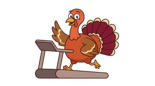 Cartoon turkey running on a treadmill, isolated on a white background, bird exercise