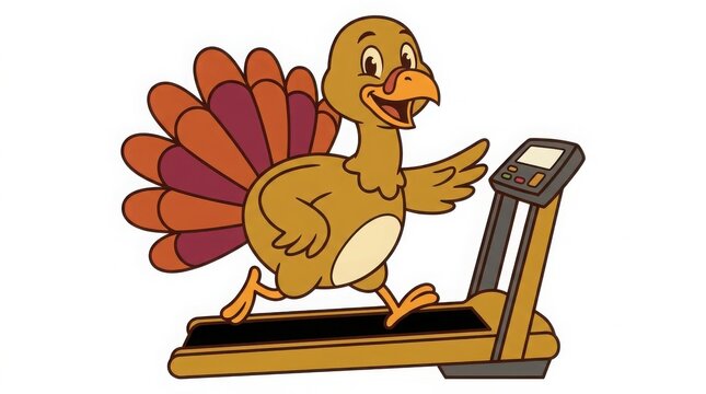 Cartoon turkey running on a treadmill, isolated on a white background, bird exercise
