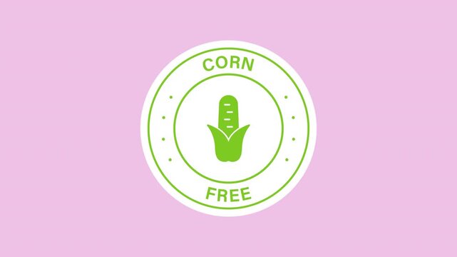 Food allergy and ingredient sticker animation with a green corn cob with husk inside on a transparent background. Corn-free food label. Seamless animated icon. 4K video overlay isolated element.