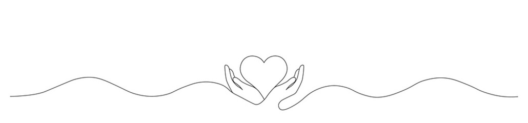 Continuous one line drawing of hands holding heart symbol for love, care, charity, support, and hope concept. © โยธิน ทุมจีน