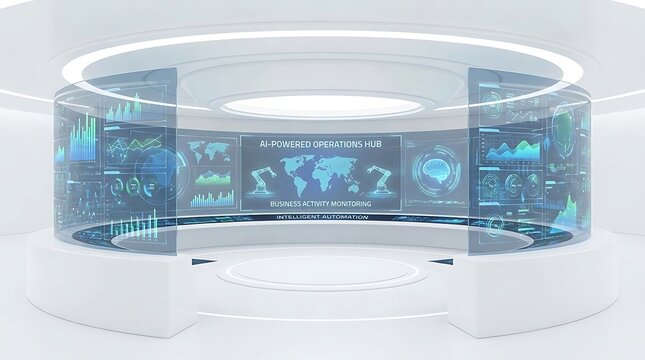 Futuristic ai powered operations hub with circular glass screens displaying data analytics and map on a white background interior