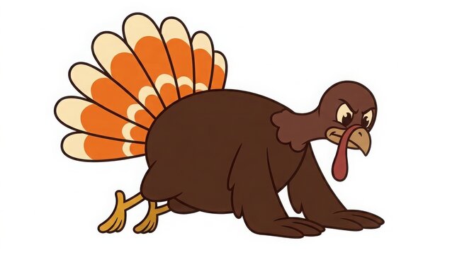 Cartoon turkey running with angry expression, brown body and orange fan-shaped tail