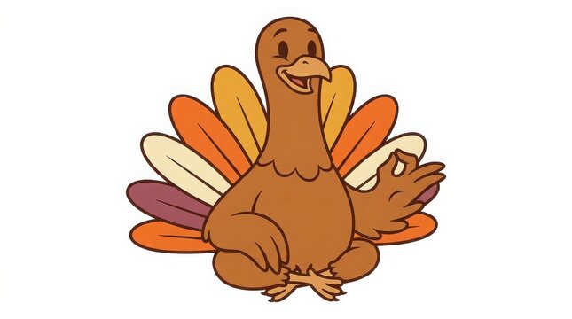 Cartoon turkey sitting in a lotus yoga pose with an okay hand gesture, white background