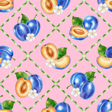 Watercolor seamless pattern with blue plums, half fruits, flowers, green lattice ribbon grid. Perfect for product logo, posters, packaging, textile, market advertising, wedding invitation, label, card