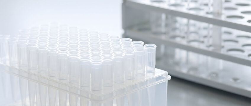 Clear empty plastic test tubes placed in racks, used for scientific and medical laboratory experiments and sample handling.