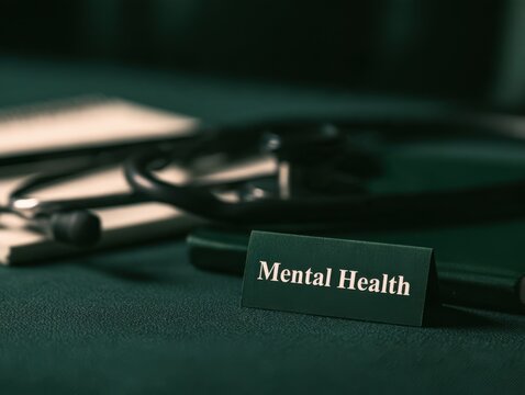 Medical stethoscope and mental health label on desk surface