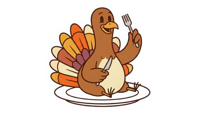 Cartoon turkey sitting on a plate holding a knife and fork, thanksgiving bird