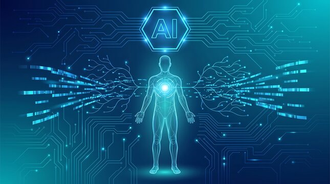Artificial intelligence human interface concept with glowing circuitry and a digital body outline