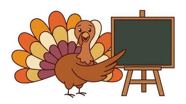 Cartoon turkey standing next to a blank wooden blackboard, thanksgiving bird chalkboard