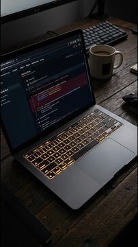Laptop on rustic wooden desk displaying code diff review and line deletions in dark mode programming screen.
