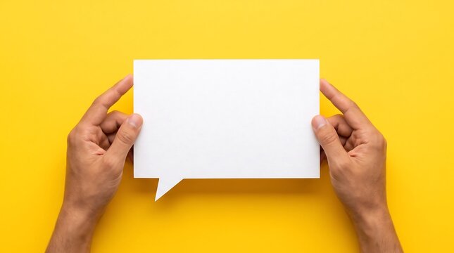 Hands holding a blank white speech bubble against a vibrant yellow background for communication concepts
