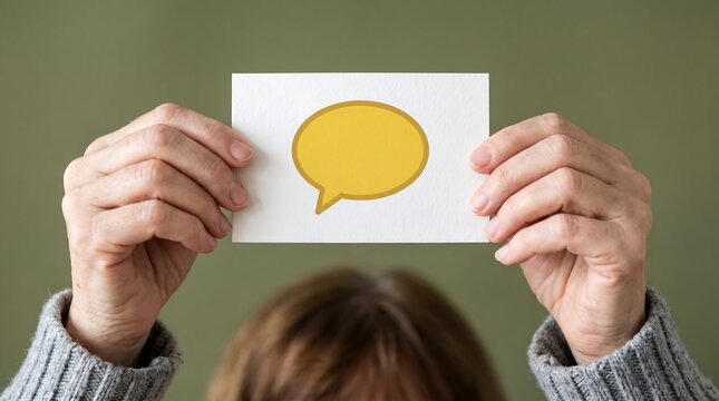 Hands holding a white card with a yellow speech bubble illustration against a muted green background