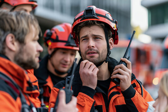 Rescue team member holds radio, focused, urgent. Other team members stand nearby, attentive. Helmeted rescuer wears bright orange gear. Scene implies active emergency response. Image conveys teamwork
