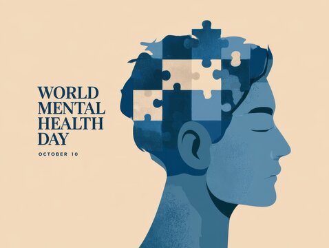 World Mental Health Day illustration featuring puzzle brain silhouette design
