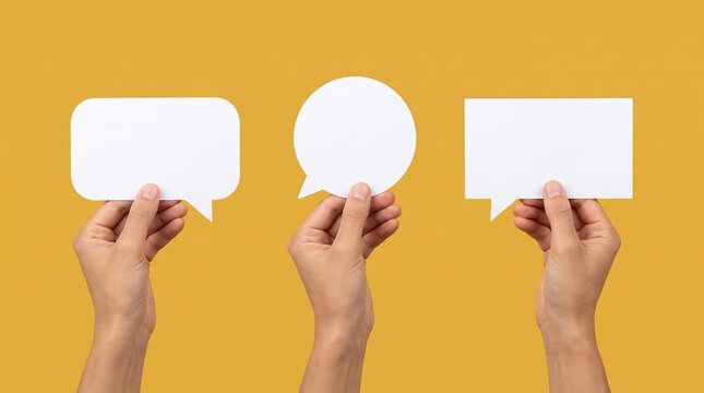 Three hands holding blank speech bubbles against a vibrant yellow background for communication concepts