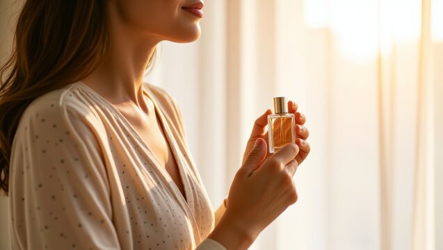 Woman enjoying morning routine, holding perfume bottle by sunlit window, savoring fragrant aroma, self care moment