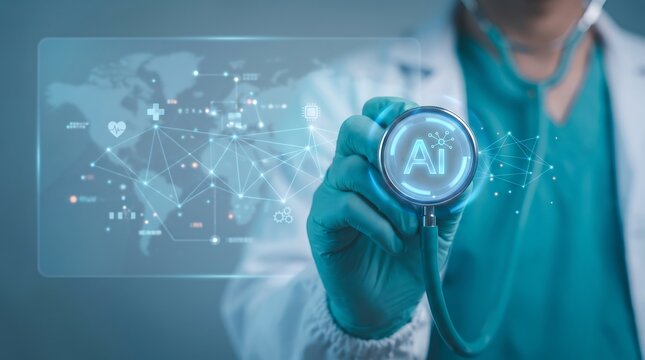 Artificial intelligence in healthcare concept with a doctor holding a stethoscope and digital network