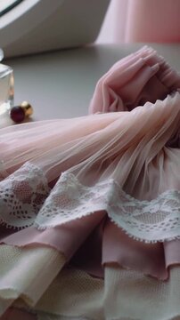 Vertical video: Pulling back camera revealing pink chiffon skirt on vanity, showing lace, perfume