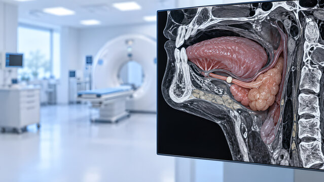 Salivary gland stone early-stage radiology concept with realistic diagnostic imaging, subtle sialolithiasis focus, clean hospital setting for healthcare, medical education, and patient communication