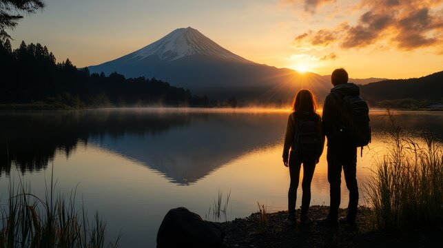 Serene Sunrise over Fuji: Two hikers stand silhouetted against a breathtaking sunrise, their gaze fixed on the majestic Mount Fuji reflected in the calm waters of a lake.