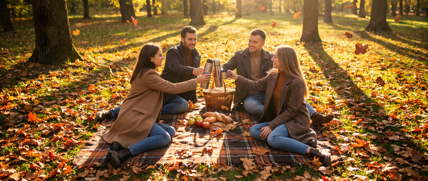 Four smiling adults enjoy an autumn picnic, toasting with drinks on a blanket in a sun-dappled park. 