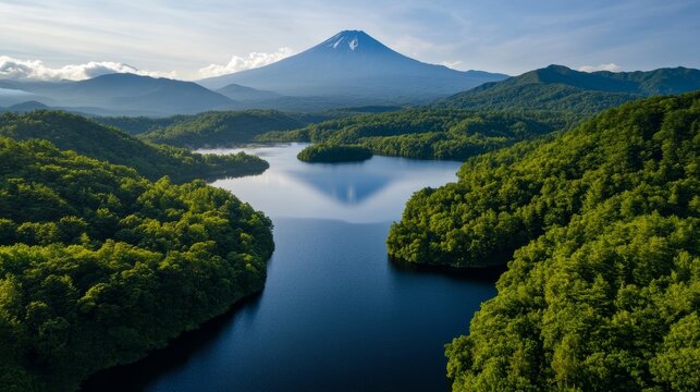 Mount Fuji and Lake in Harmony: A breathtaking aerial view captures the majestic Mount Fuji volcano serenely overlooking a tranquil, tree-lined lake, embodying the essence of natural beauty and peace.