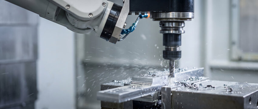 An industrial robotic arm operates a milling tool to machine a metal workpiece in a manufacturing facility, with cutting chips and coolant visible.