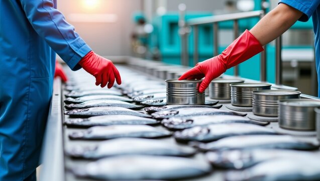 Factory workers processing fresh fish and handling metal cans on an automated conveyor belt for food manufacturing