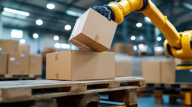 Automated Fulfillment: A robotic arm carefully places a cardboard box onto a pallet in a modern warehouse, showcasing the efficiency of automated logistics and industrial automation.