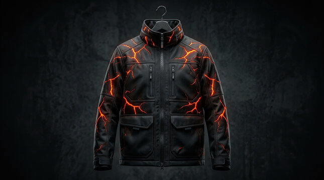 Modern technical jacket with a black and red abstract lava texture design winter coat outdoor clothing lava pattern modern outerwear fashion apparel