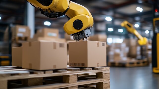 Automated Warehouse Operations: A robotic arm precisely handles cardboard boxes in a modern warehouse setting, showcasing the efficiency of industrial automation.