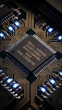 Close up of TPM 2.0 enterprise security module chip on circuit board with glowing blue lights and gold traces