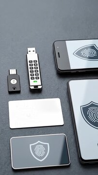 Flat lay of hardware security keys smart card and smartphones displaying biometric fingerprint shield security icons