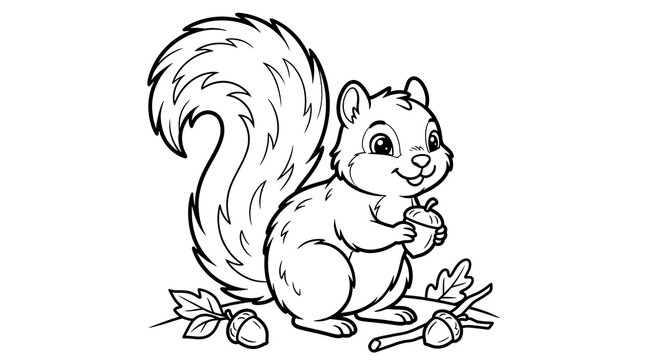 Cute squirrel holding an acorn black and white outline illustration with coloring page cute animal line art forest animal kids activity cartoon animal