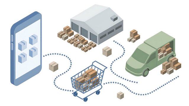 Isometric illustration of e-commerce logistics with smartphone, warehouse, van, and shopping cart