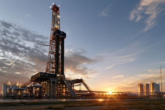 Oil rig stands tall against sunset skies. Golden light bathes machinery and steel structure. Clouds drift above industrial landscape. Sun dips behind distant storage tanks