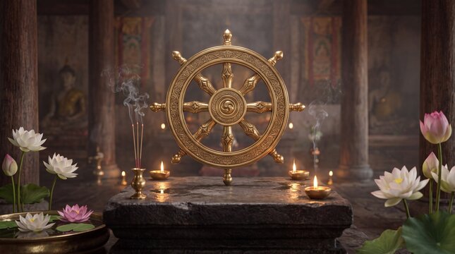Golden Dharma Wheel Adorned with Lotus Flowers and Incense in Ancient Temple Setting