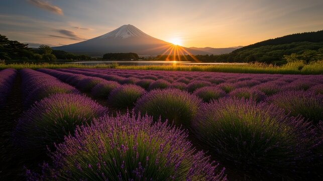 Sunrise over Lavender Field and Mountain