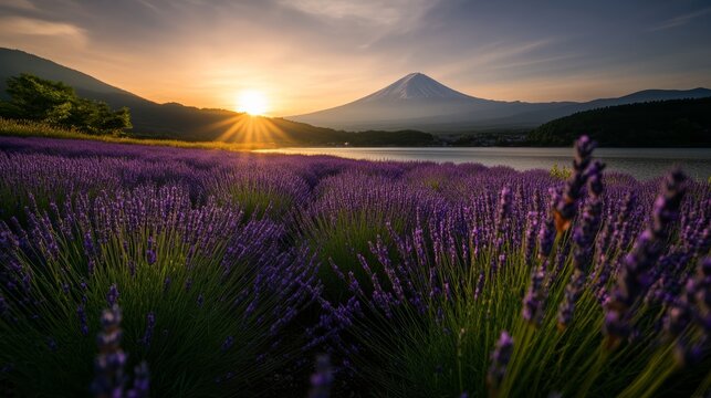 Lavender Field at Sunrise: A breathtaking panorama unfolds as the sun rises over a tranquil lake, casting a warm golden hue across a vibrant field of lavender.