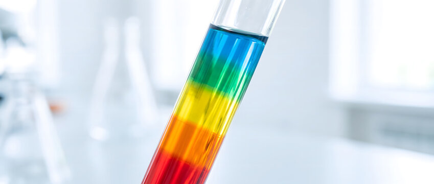 A glass test tube holds distinct layers of colored liquid in a bright laboratory environment.