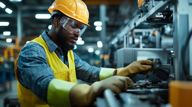 Skilled Machinist at Work: A focused African American worker in a hard hat and safety gear meticulously operates a machine in a manufacturing facility, embodying precision and dedication.